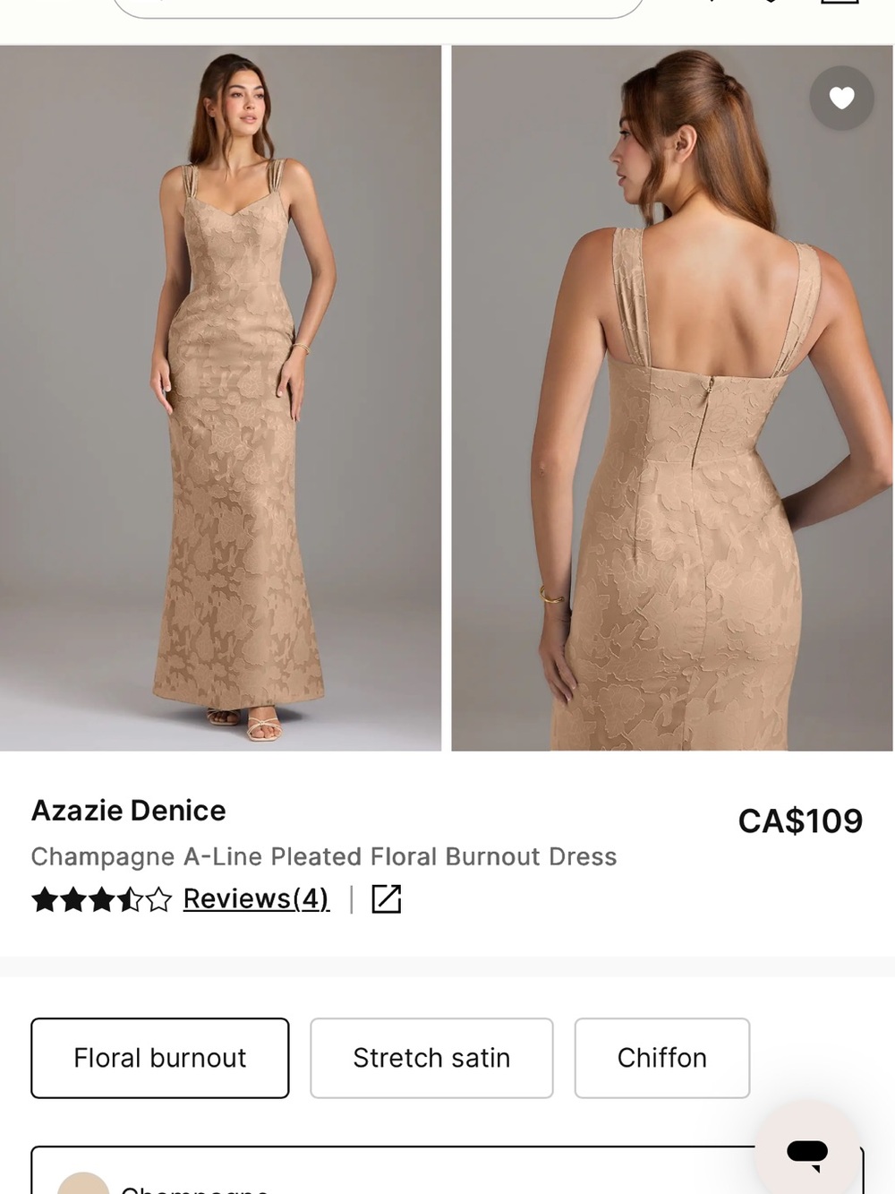 Azazie Champagne Floral Burnout Column Dress